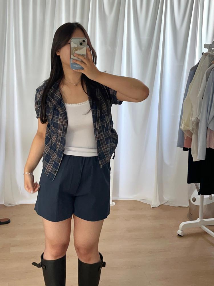 161 [MADE] 빅소매 빈티지 체크 반팔 크롭 후드 2color