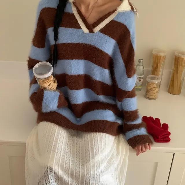 라이크 스트라이프 퍼카라니트 단가라 니트 (3color)