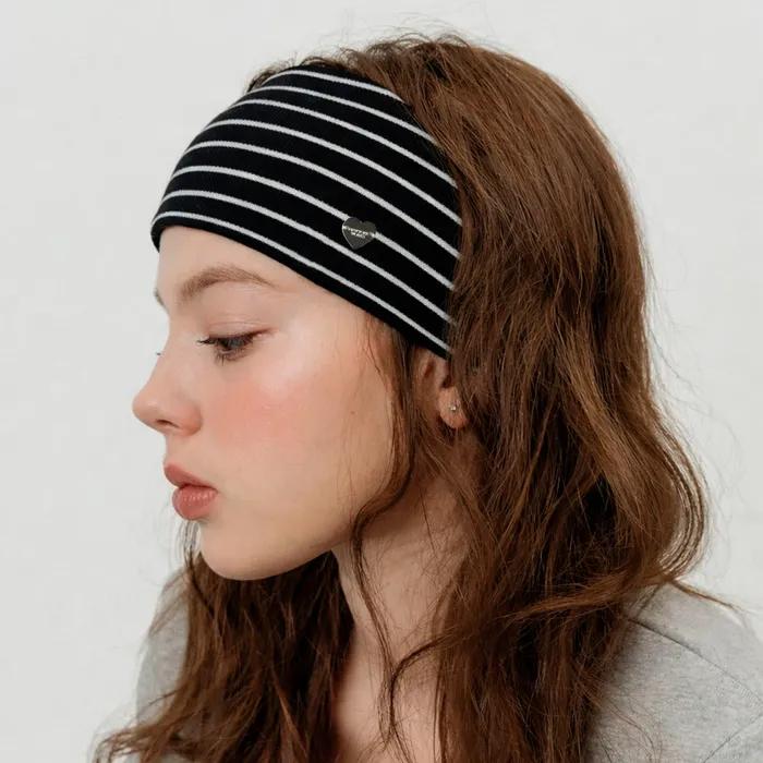STRIPE HEART HAIR BAND BANDANA_BLACK