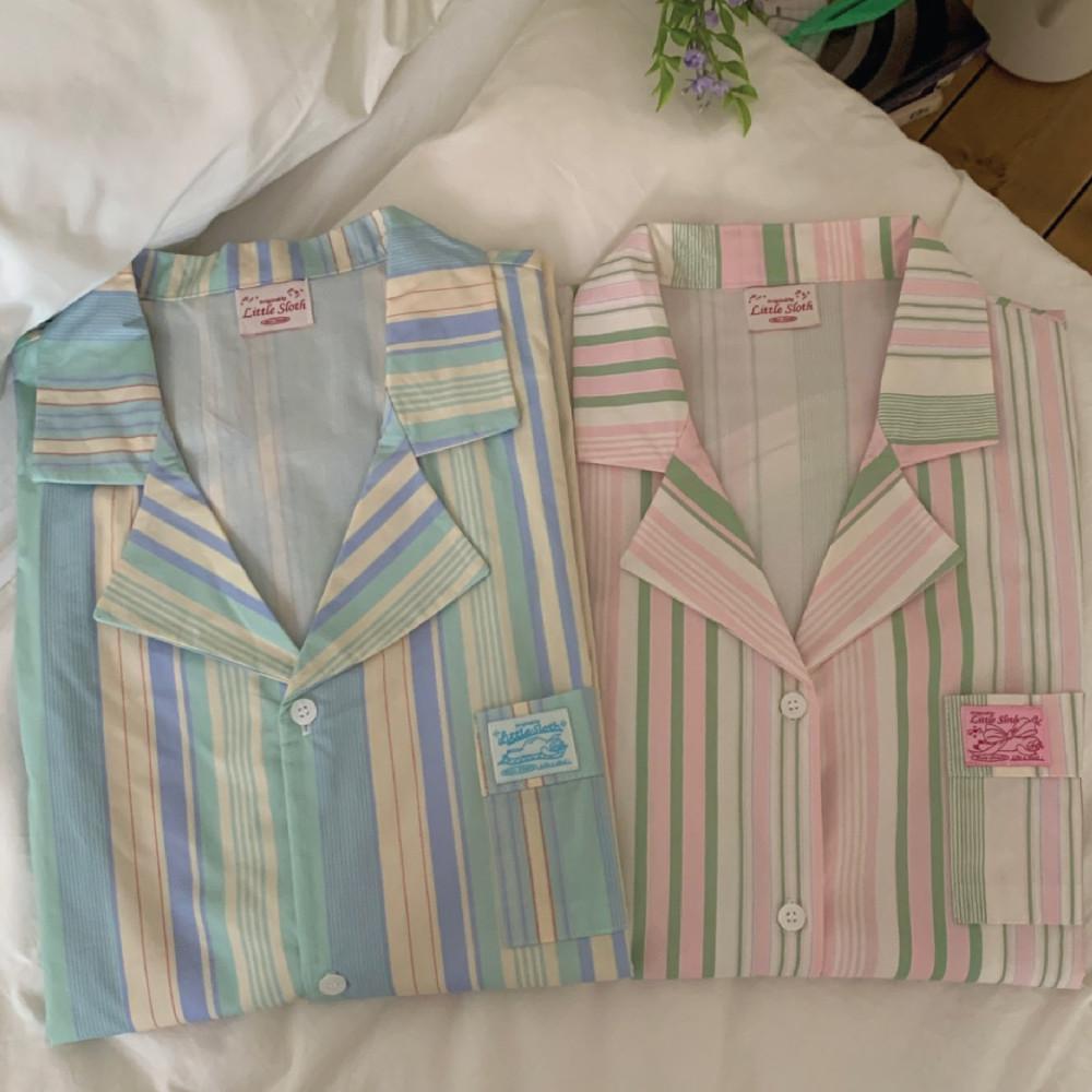 [made] 소프트 파스텔 스트라이프 파자마 커플 반팔 반바지 긴바지 빈티지 잠옷