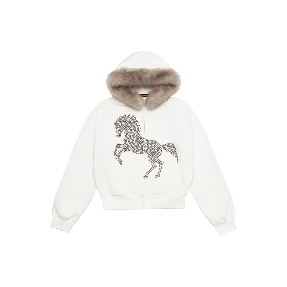 [604SERVICE : 604서비스] STUDDED FAUX FUR HOODIE IN WHITE