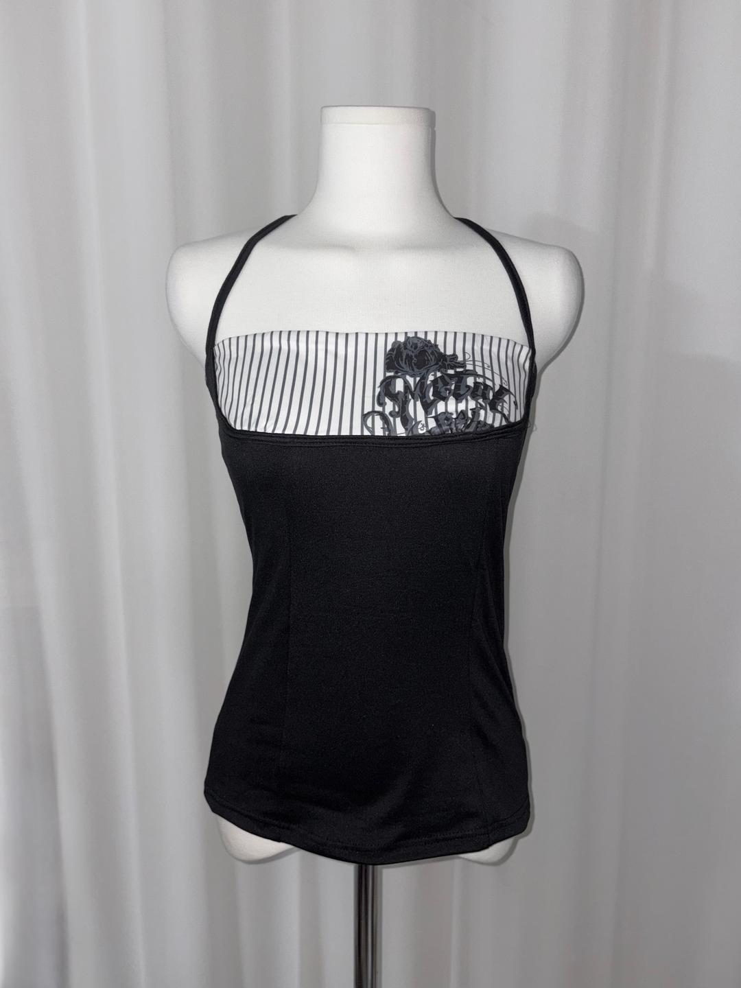 키츠히 [Rose stripe sleeveless] 펑크 고딕 장미 스트라이프 배색 슬리브리스 나시 y2k 일본 빈티지 갸루 펑크