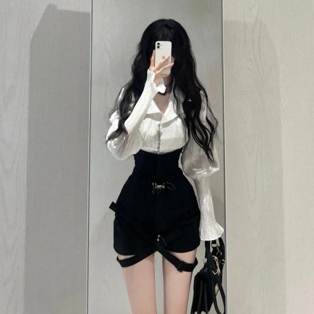 날씬해보이는 하이웨스트 코르셋 핫팬츠 투피스 코디 세트