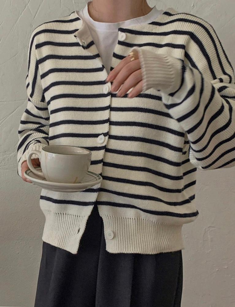 네프나인 줄무늬 니트 가디건 네이비 아이보리 당일