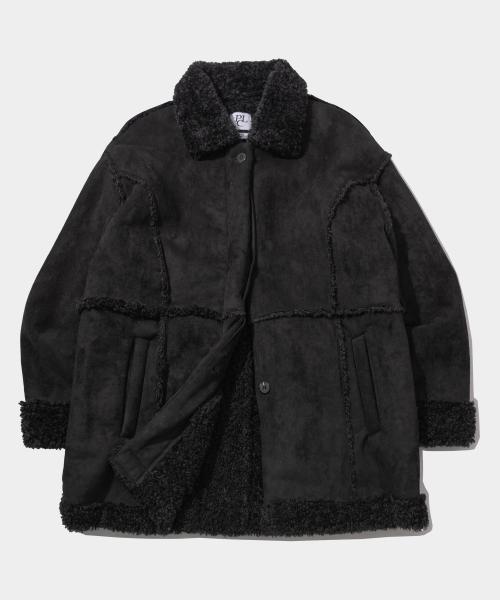 퍼 라인 디테일 오버핏 스웨이드 하프 무스탕  [블랙]