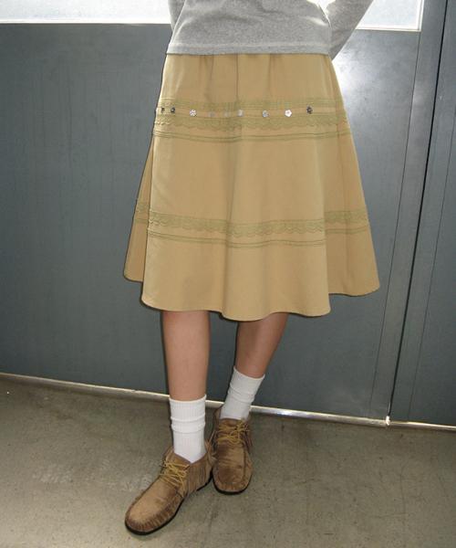 MULTI BUTTON LACE TRIM FLARE MIDI SKIRT BEIGE