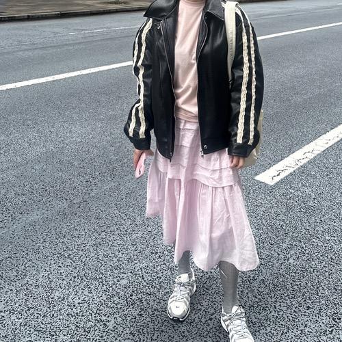 [셔링 캉캉 롱스커트] 티어드 셔링 밴딩 롱 코튼 스커트 / A라인 플레어 레이어드 스커트 치마 (화이트 핑크 블랙)