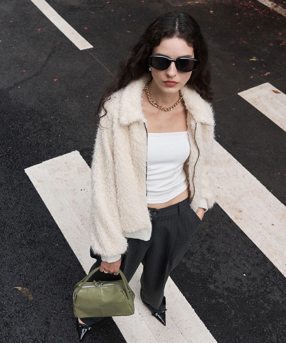 Shaggy Fake Fur Bomber Jacket Cream