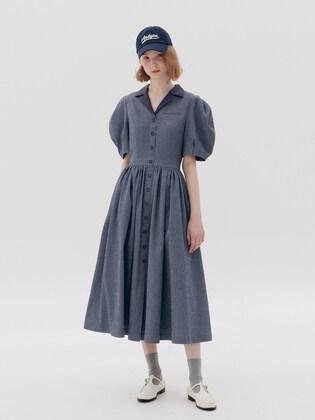 HOLLYWOOD Shirred waist detail dress (Navy stripe)