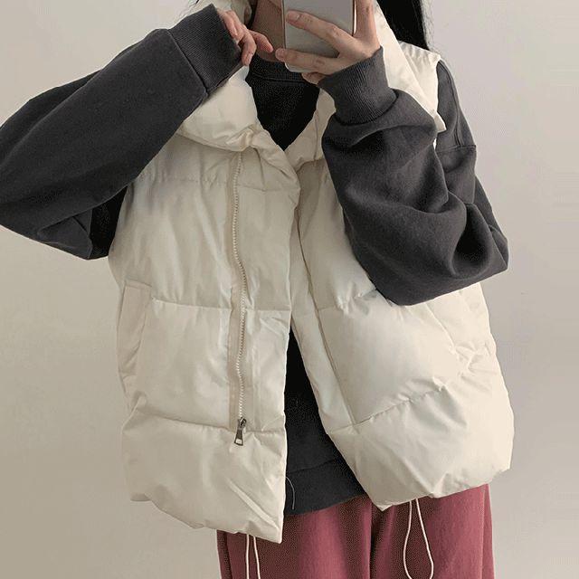 [1+1 할인] 마야 오버핏 스트링 패딩 조끼 (3color) [겨울아우터/레이어드/베스트/경량패딩]