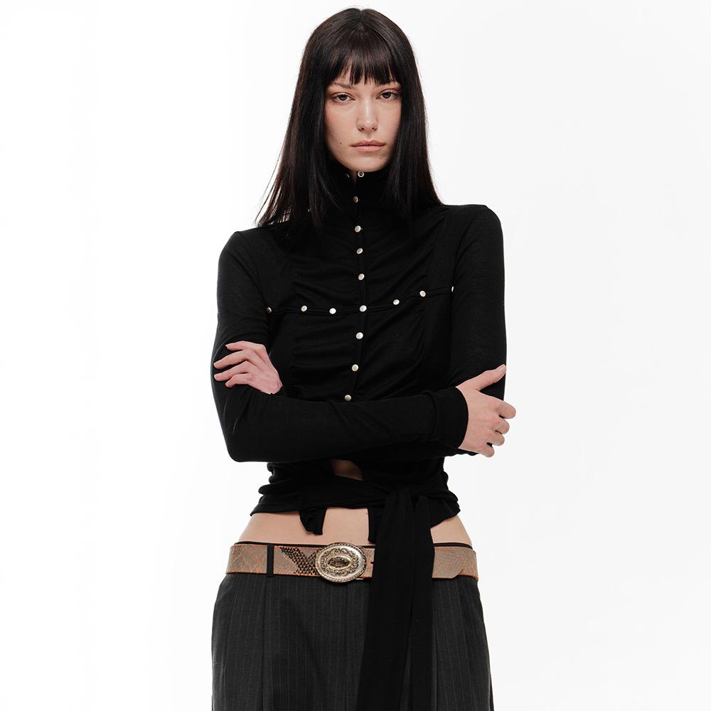 LENA SHIRRING HIGH NECK TOP (BLACK)