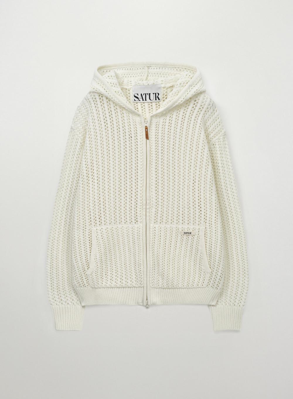 Crochet Knit Hood Zip-up - Cream