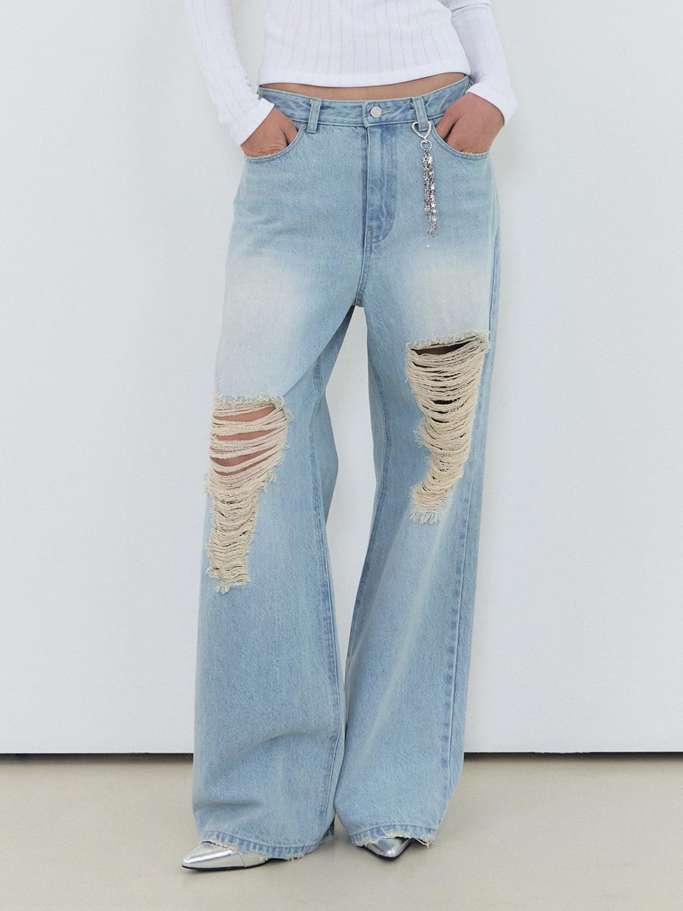 Distressed Denim Pants, Light Blue