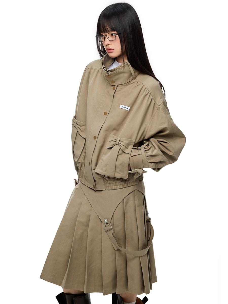 JIKOO Utility Bow Pocket Jacket & Strap Pleated Utility Skirt (2color)