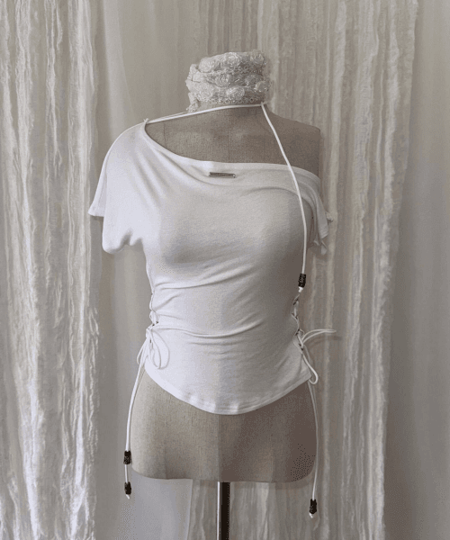 Side Corset Beads-tie Short Top (WHITE)