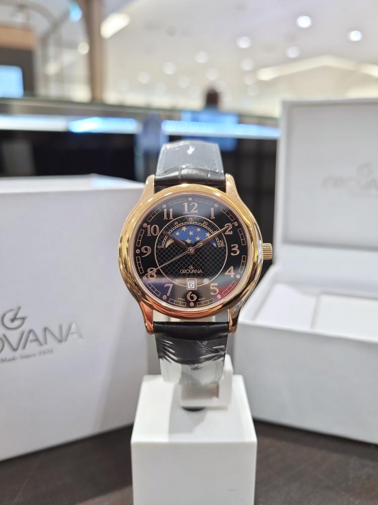 그로바나 스위스 명품시계 문페이즈 날짜 아라비아숫자 남성용 블랙 가죽시계