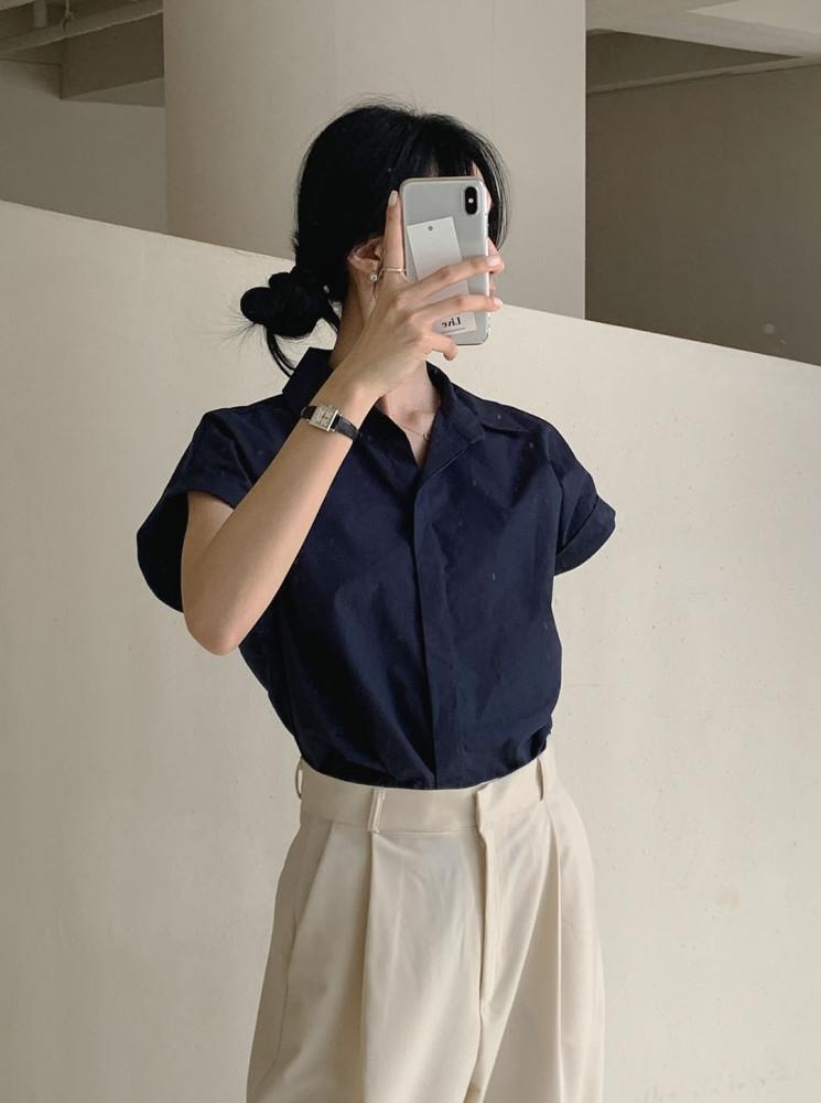 히든버튼 롤업 코튼 반팔셔츠 (4color)