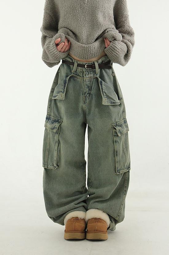 old blue open pocket cargo wide jean (unisex)