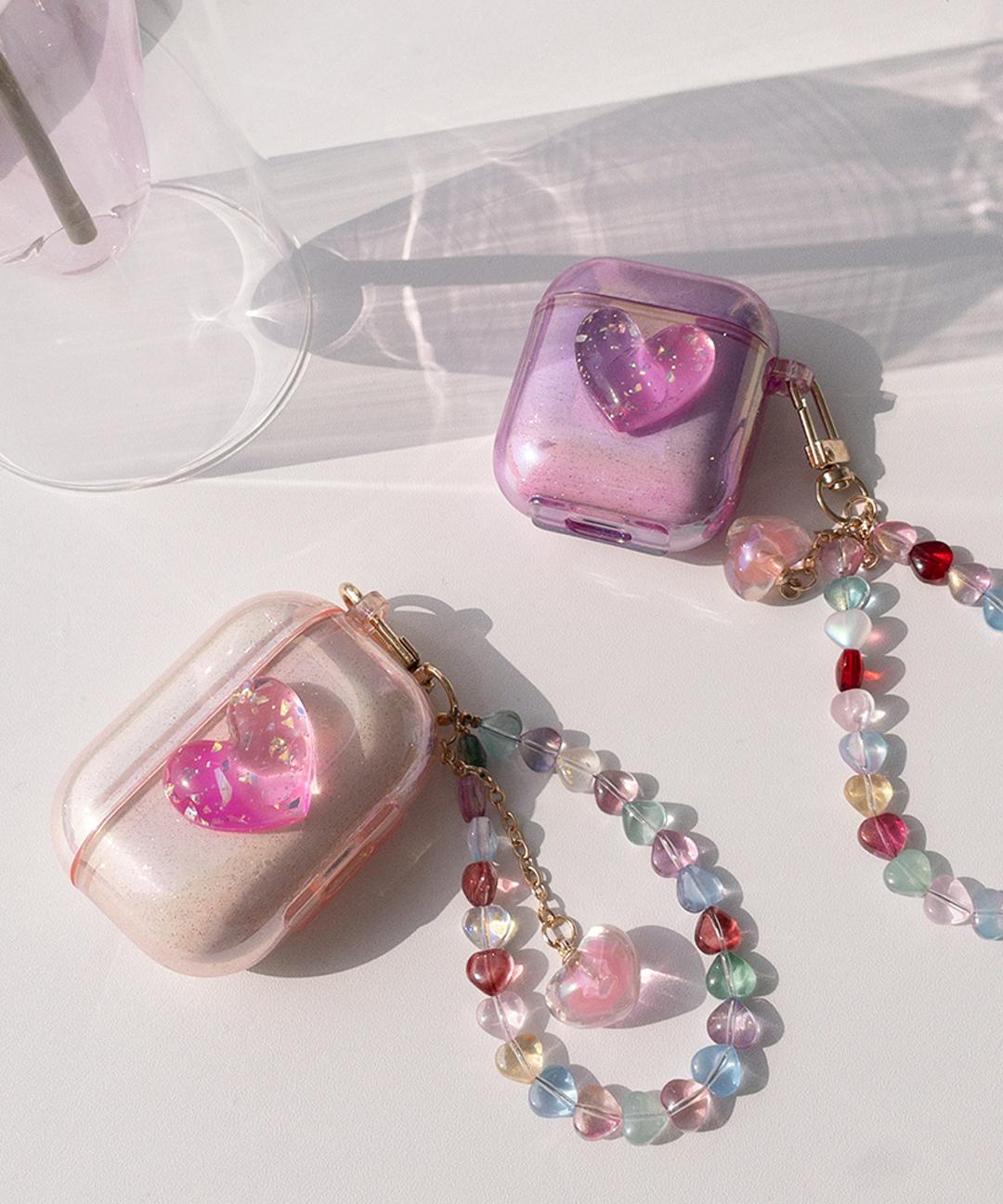 블링블링 반짝이 투명 하트 글리터 홀로그램 핑크 퍼플 실리콘 에어팟 케이스 1세대 2세대 프로 키링 비즈 스트랩 세트