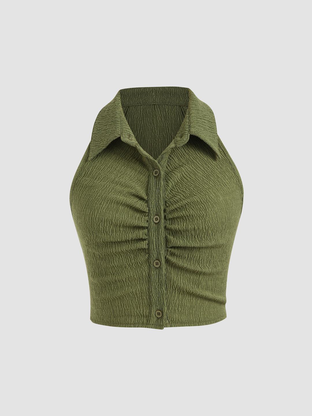 Solid Texture Collar Crop Top