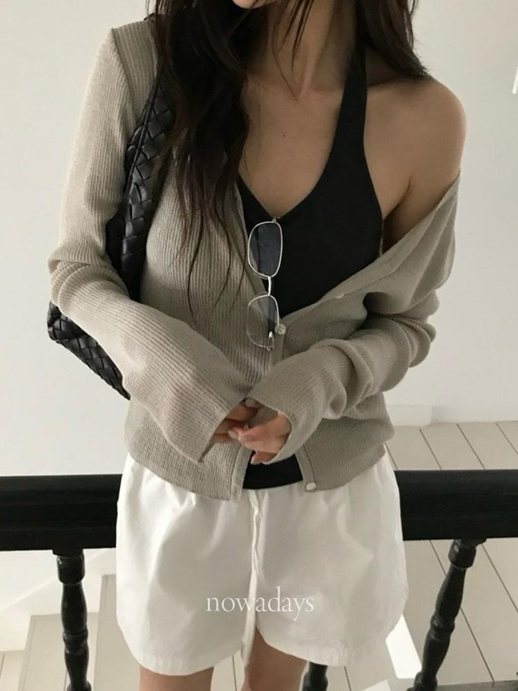 나우어데이즈 베르가못 포헤 가디건 코튼 긴팔 브이넥 골지 데일리 니트 cd