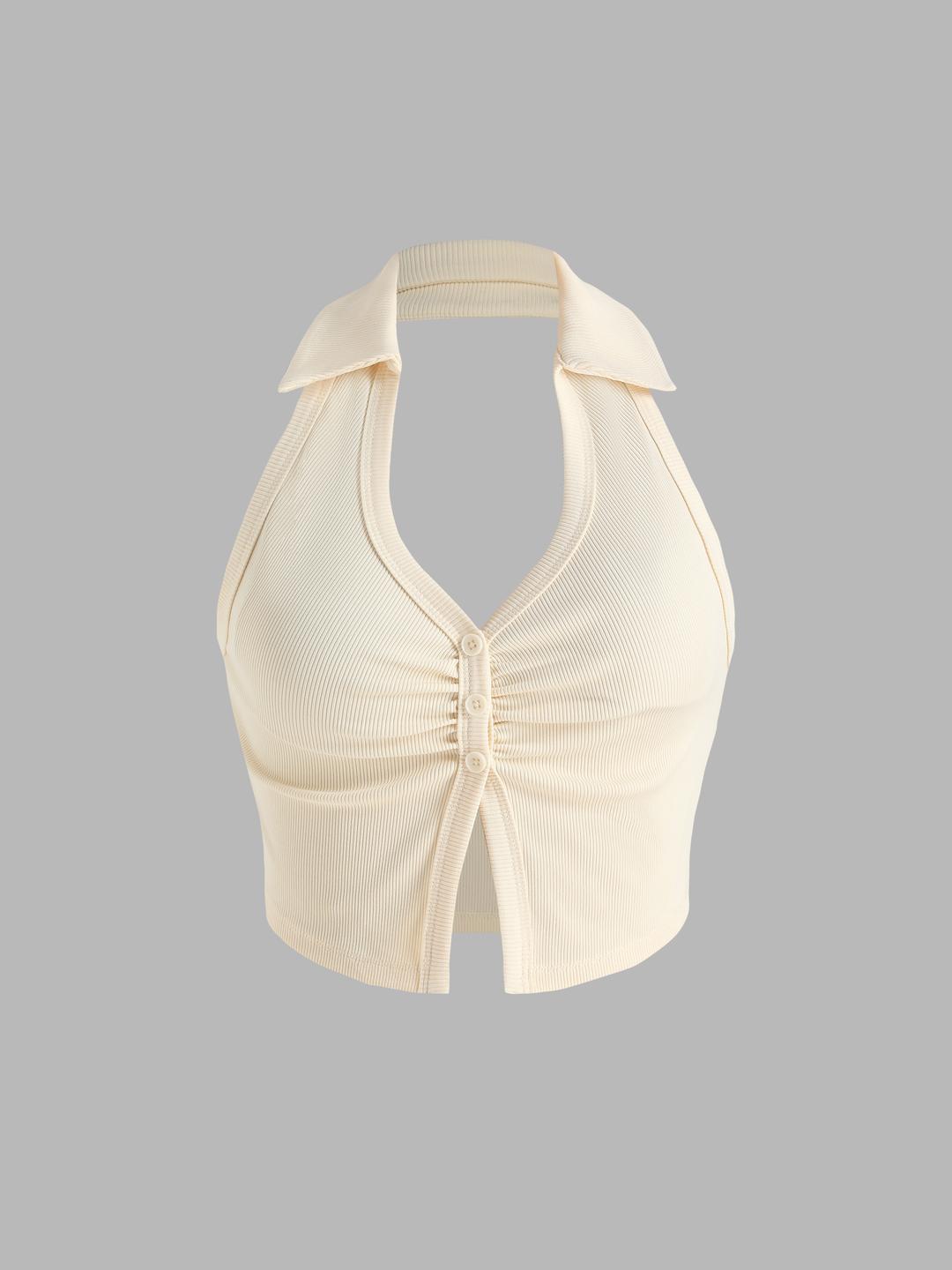 Solid Rib Collar Crop Top