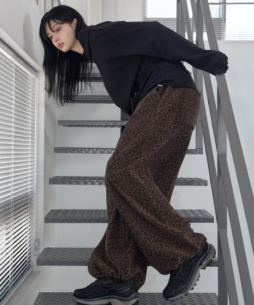 Leopard Fleece Wide Pants Brown