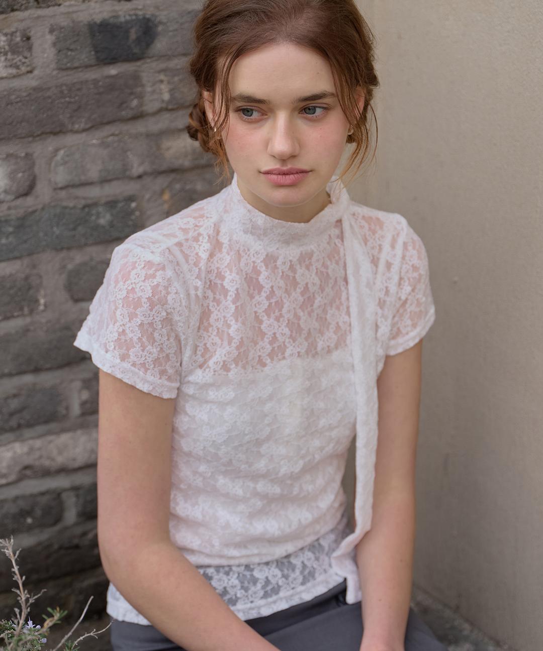 Blin High Neck Flower See-Through Top ( White )