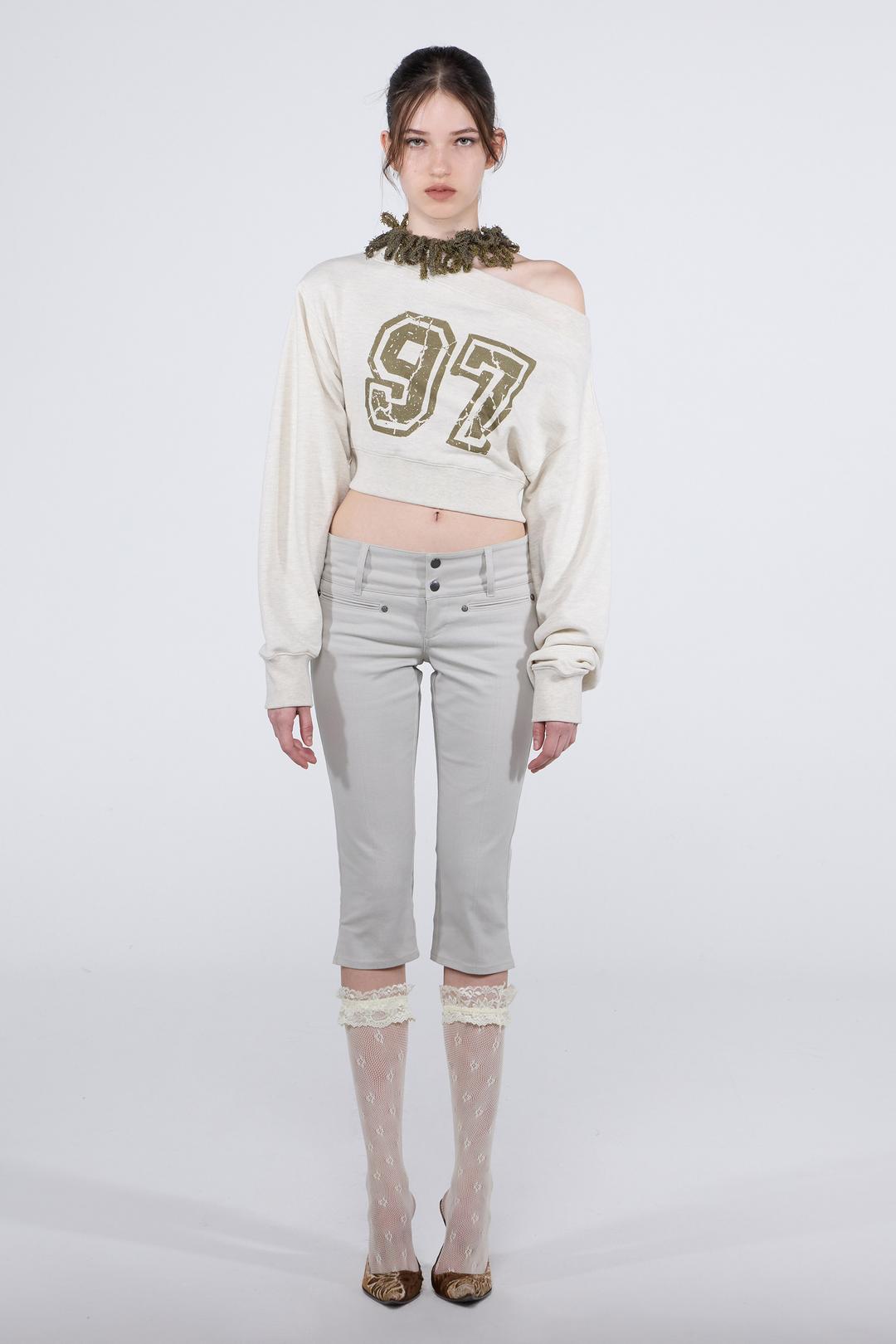 Off-Shoulder Cropped Sweatshirt White Melange