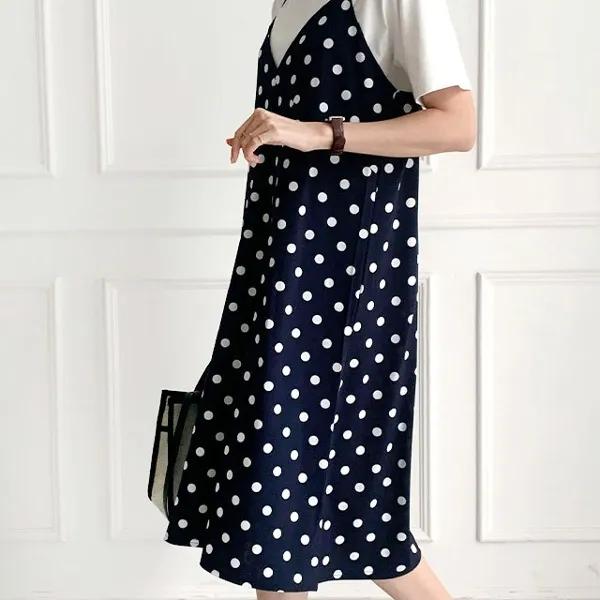 찰랑 도트 땡땡이 패턴 뷔스티에 끈 롱 원피스 아이스 냉장고 쿨 썸머 빅사이즈