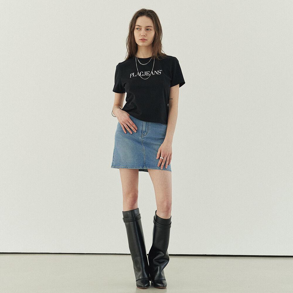 플랙 로고 베이직 크롭 티셔츠 블랙