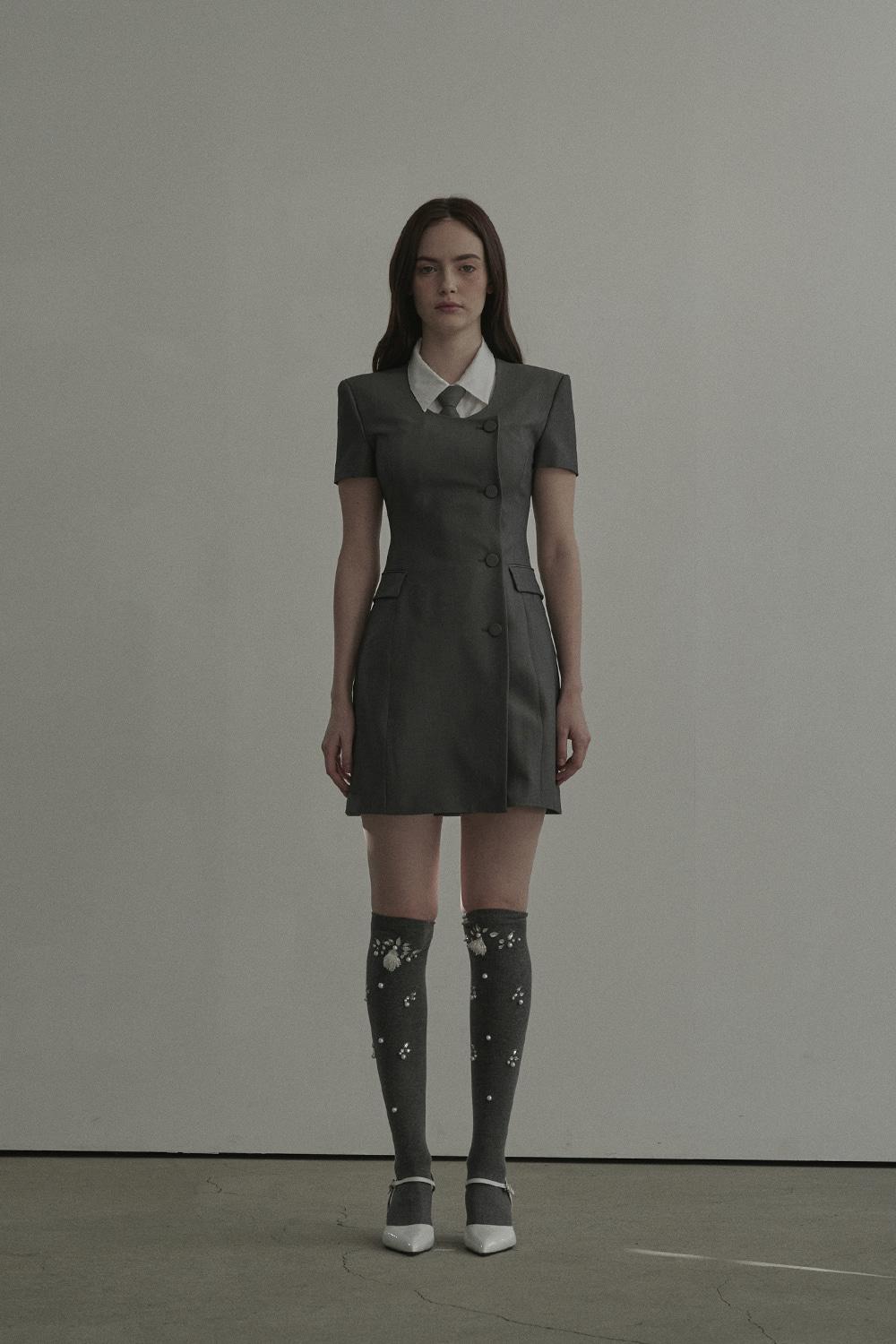 [3월 14일 예약발송] Jenn Round Neck Half Sleeve Suit Jacket Dress-Grey