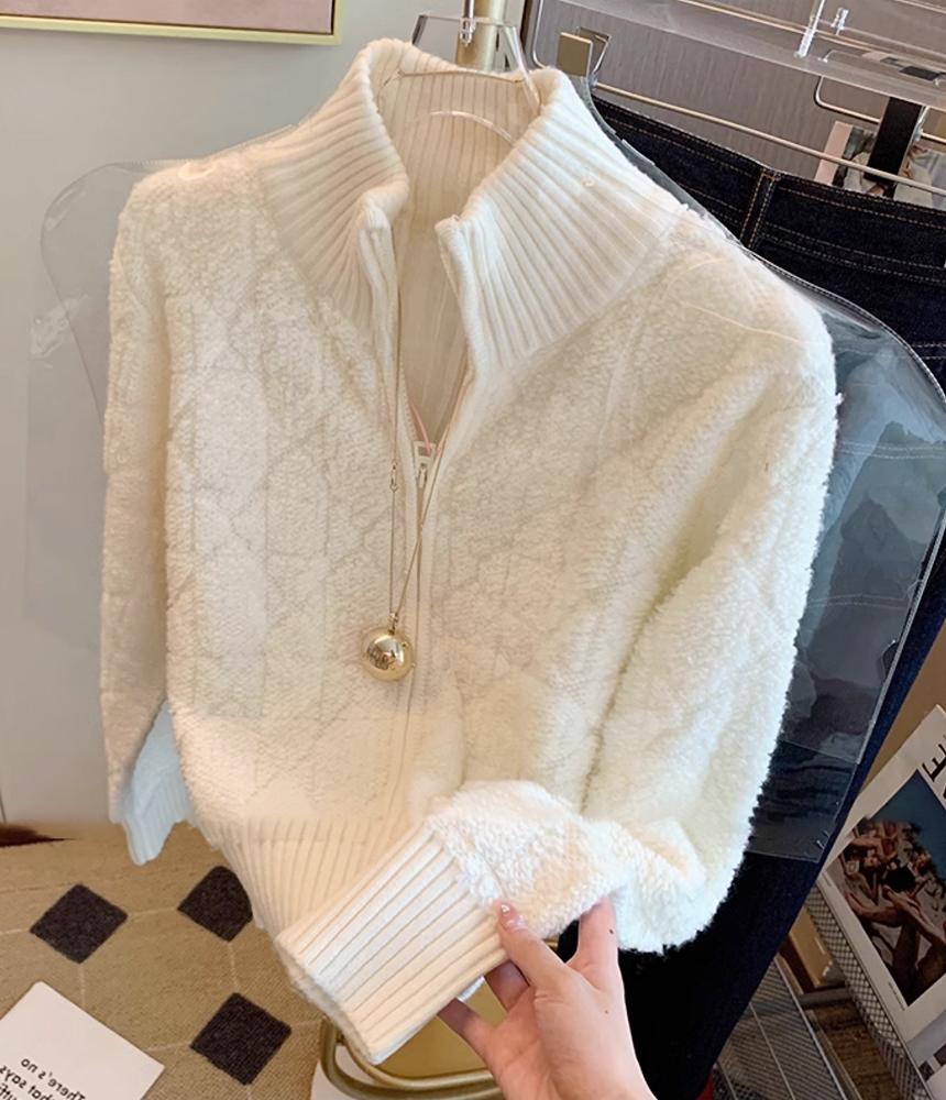 보송 꾸안꾸 하이넥 다이아 케이블 따뜻한 겨울 퍼 니트 집업 가디건