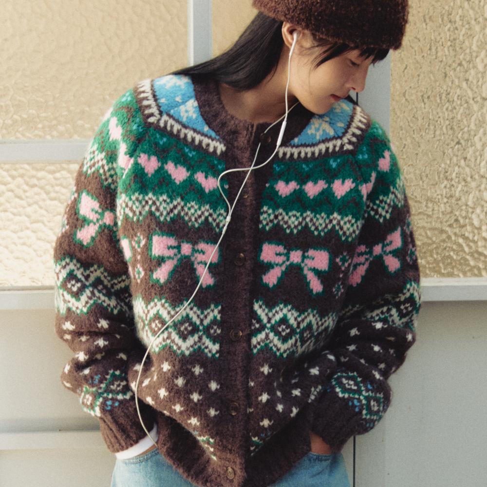 RIBBON VINTAGE FAIR ISLE KNIT CARDIGAN BROWN