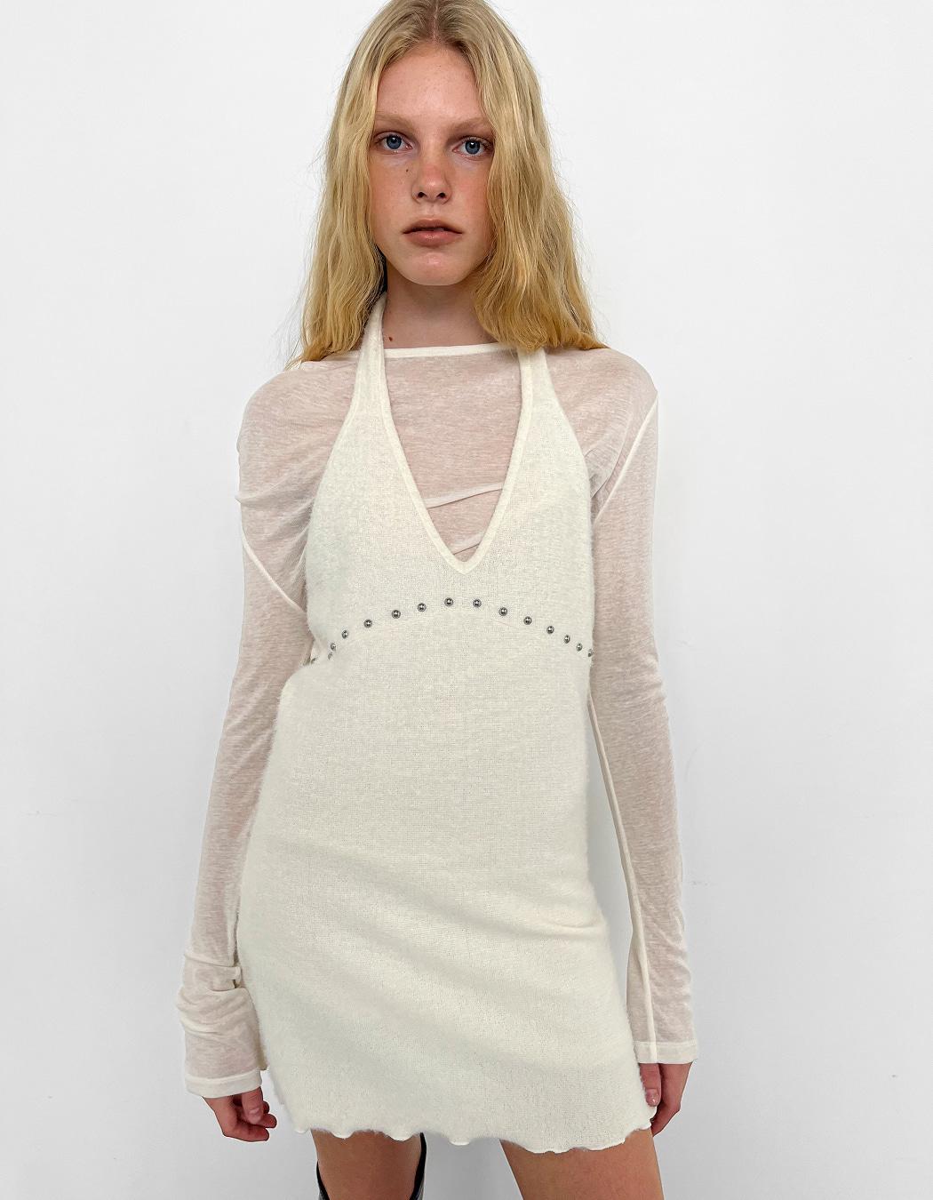 FURRY STUDDED HALTER DRESS, IVORY