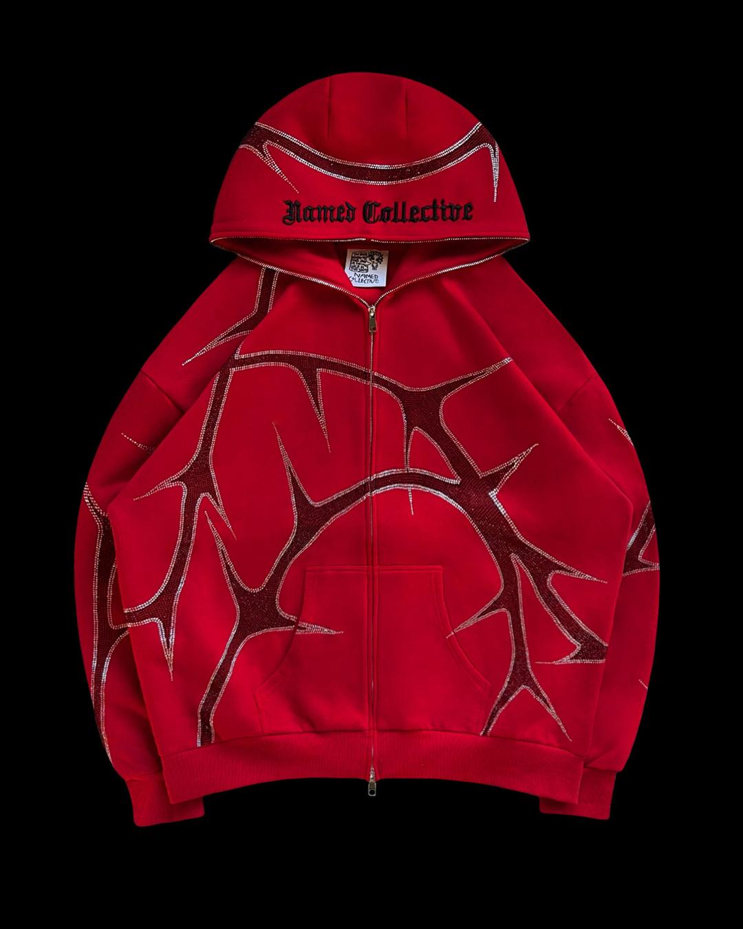 THORN RHINESTONE ZIP HOODIE RED - S/M