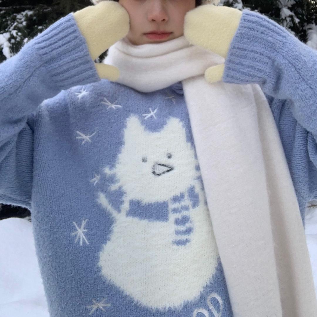 블루 고양이 눈사람 후디 니트