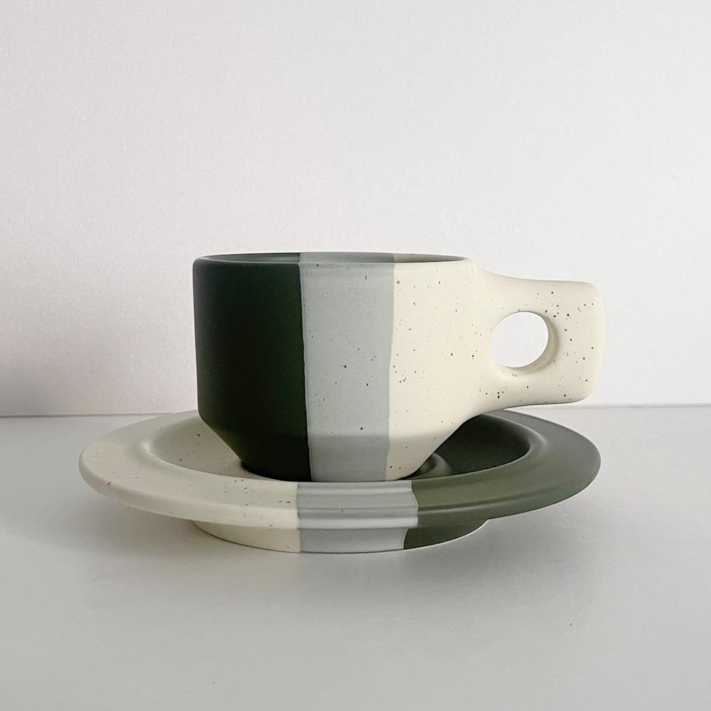 [20% Sale]Color Block Line Flat Cup & Saucer - Eglish Green