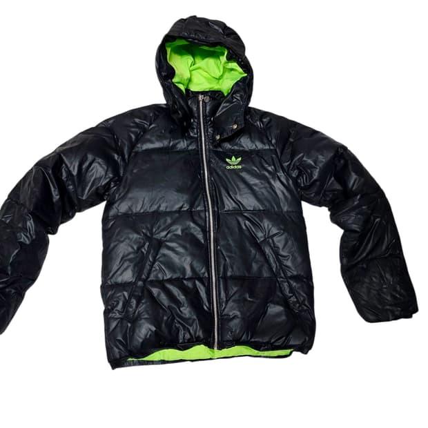 [아디다스] Y2K 감성 유광 블랙 네온 라임 배색 덕다운 패딩 90 | 후루츠패밀리