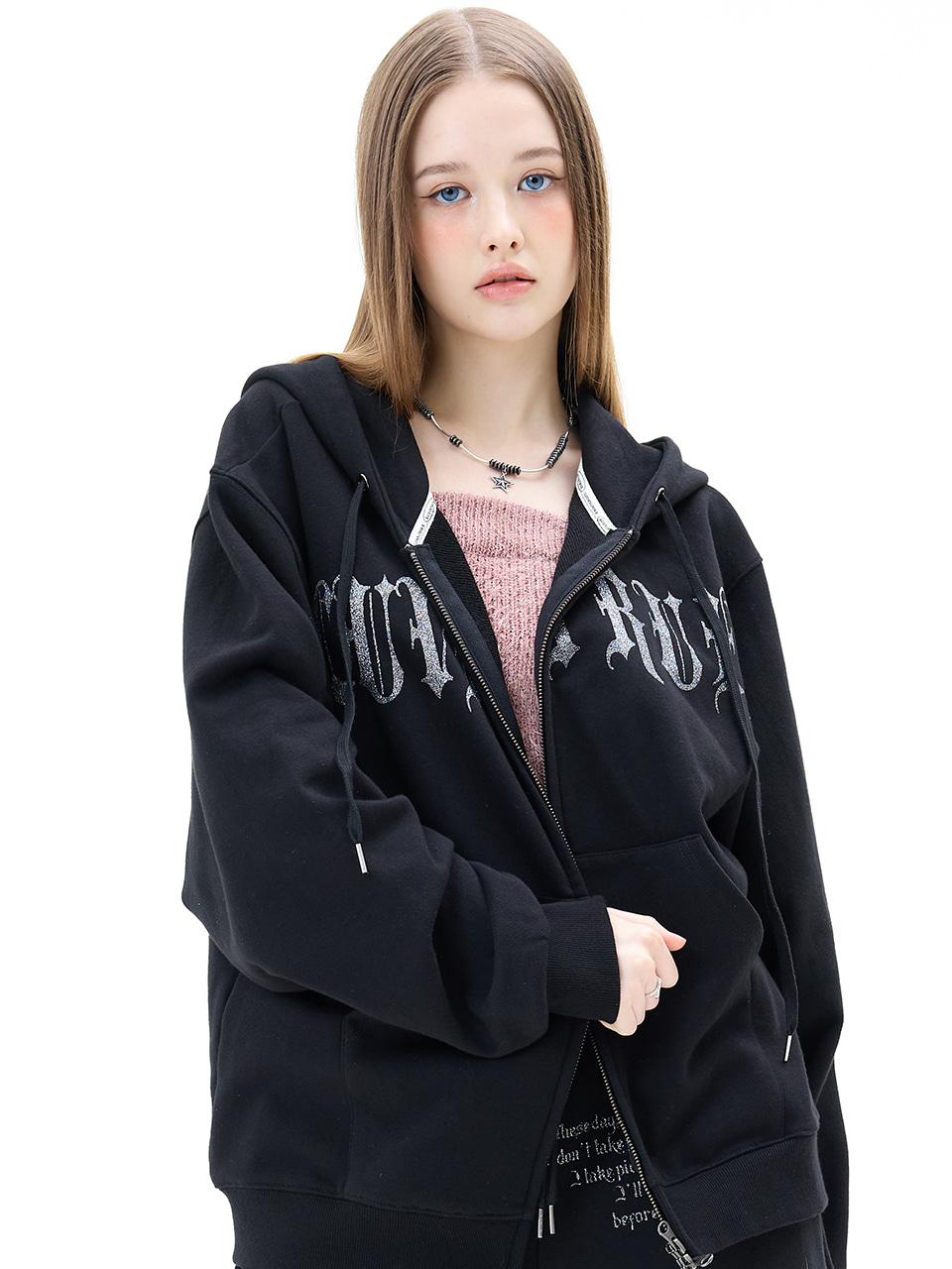 MZ 2-WAY GLITTER HOOD ZIP UP(BLACK)