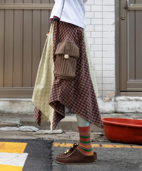 WXSK016 히라리 언발란스 체크 스커트 (BROWN/KHAKI)