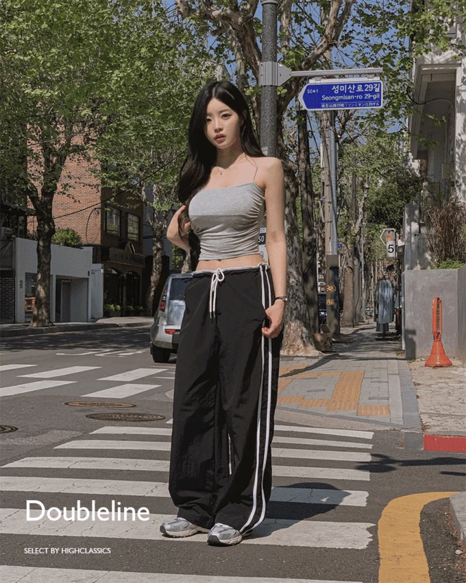 더블라인 로우라이즈 허리끈 두줄 라인 배색 나일론 바스락 와이드 롱 팬츠