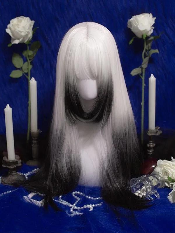 [$28.43]White and Black Ombre Color Long Straight Wig Princess Cut