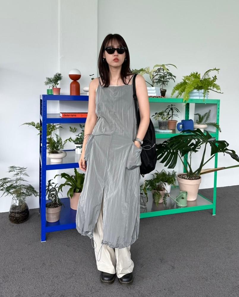 (블랙 당일발송)벨누아 포켓 아노락 메탈 스트링 나일론 원피스(실버,블랙) : 벨누아