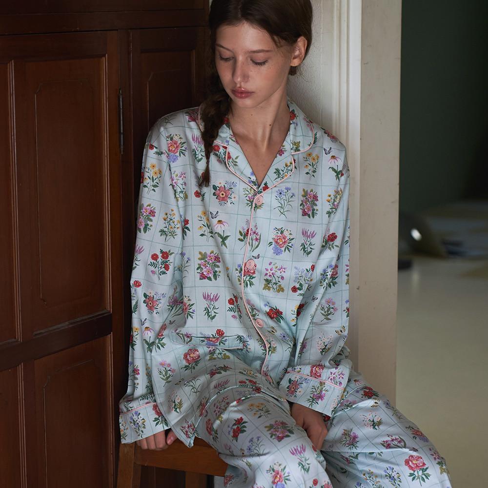 텐셀 모달 코지 플라워 패턴 긴팔 세트 여성 잠옷