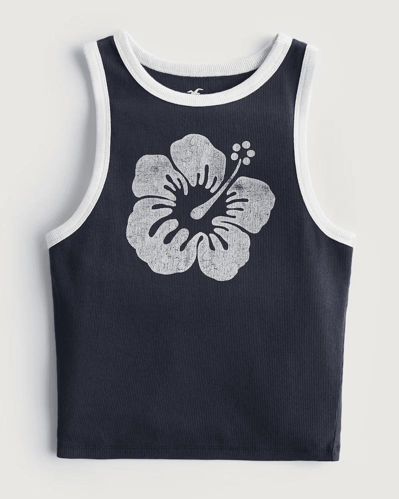 High-Neck Ribbed Floral Graphic Tank