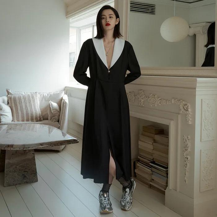 SHAWL COLLAR LONG DRESS_WHITE/BLACK