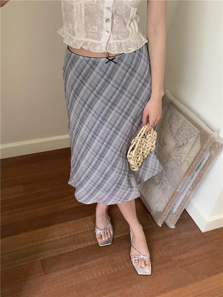 (당일출고)-블루 체크 쉬폰 살롱 스커트