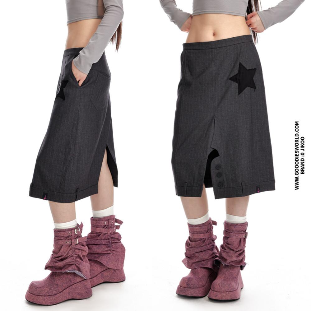 JIKOO 스커트 미디 스타 패턴 그레이 H라인 치마