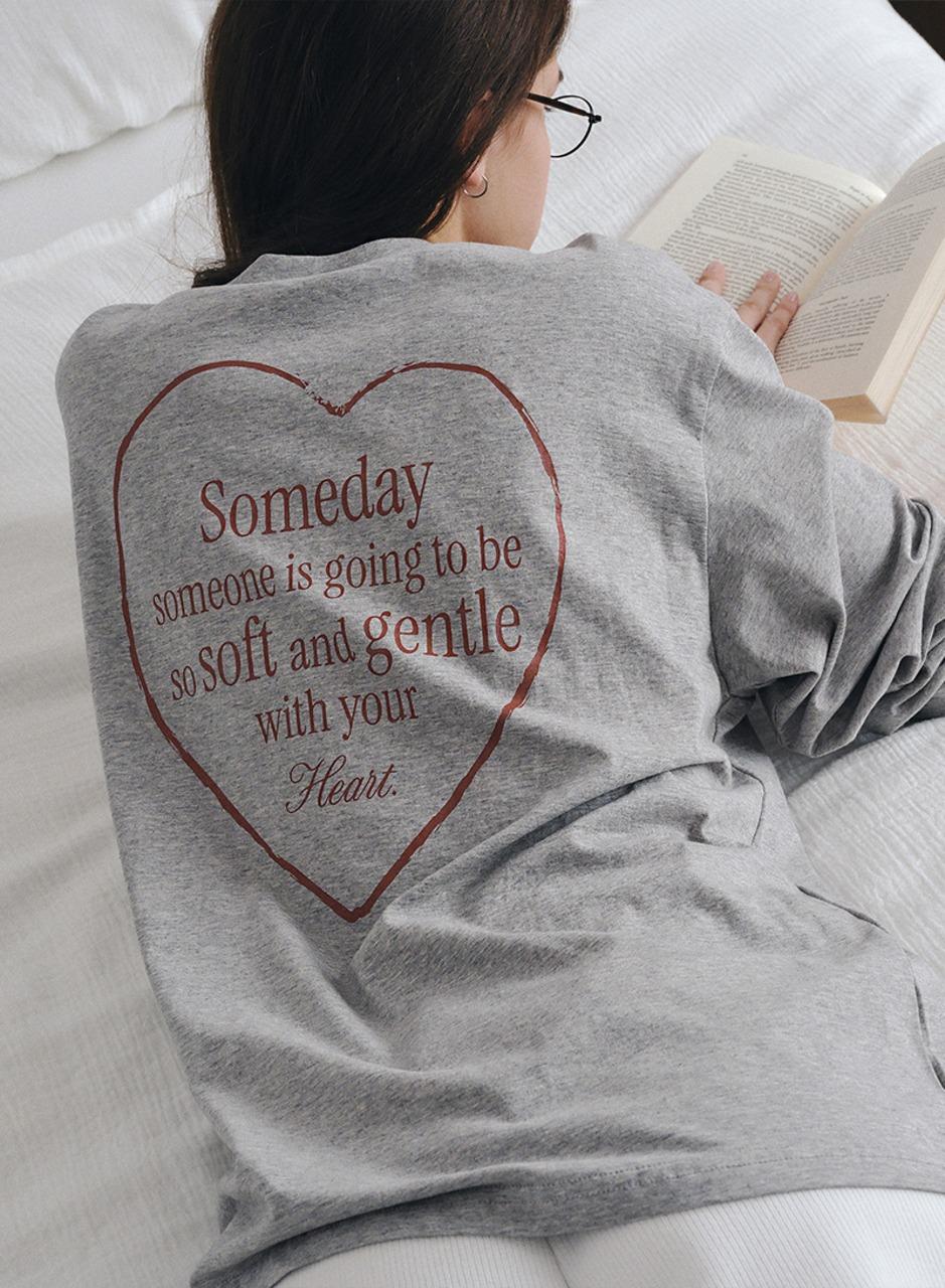 하트 레터링 롱 슬리브 티셔츠 - 멜란지 그레이